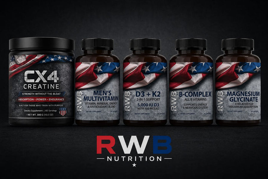 RWB Nutrition branded product lineup: powder tub and capsule bottles with brand logo