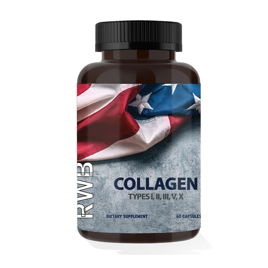 RWB Nutrition branded capsule bottle with blue label