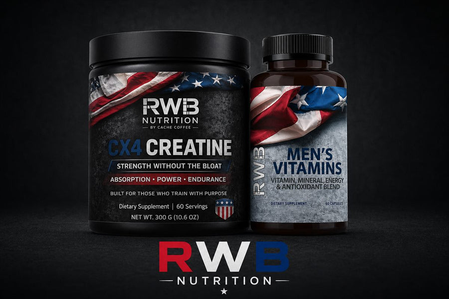 RWB Nutrition branded powder tub beside a capsule bottle